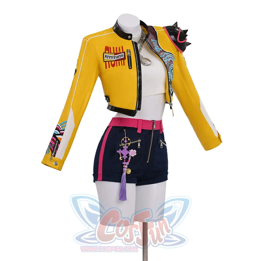 Rumi Cosplay Costume, yellow and black outfit with a lot of embroidery, left side view.