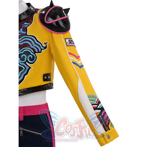 Rumi cosplay costume, it features embroidered patterns on the sleeves.