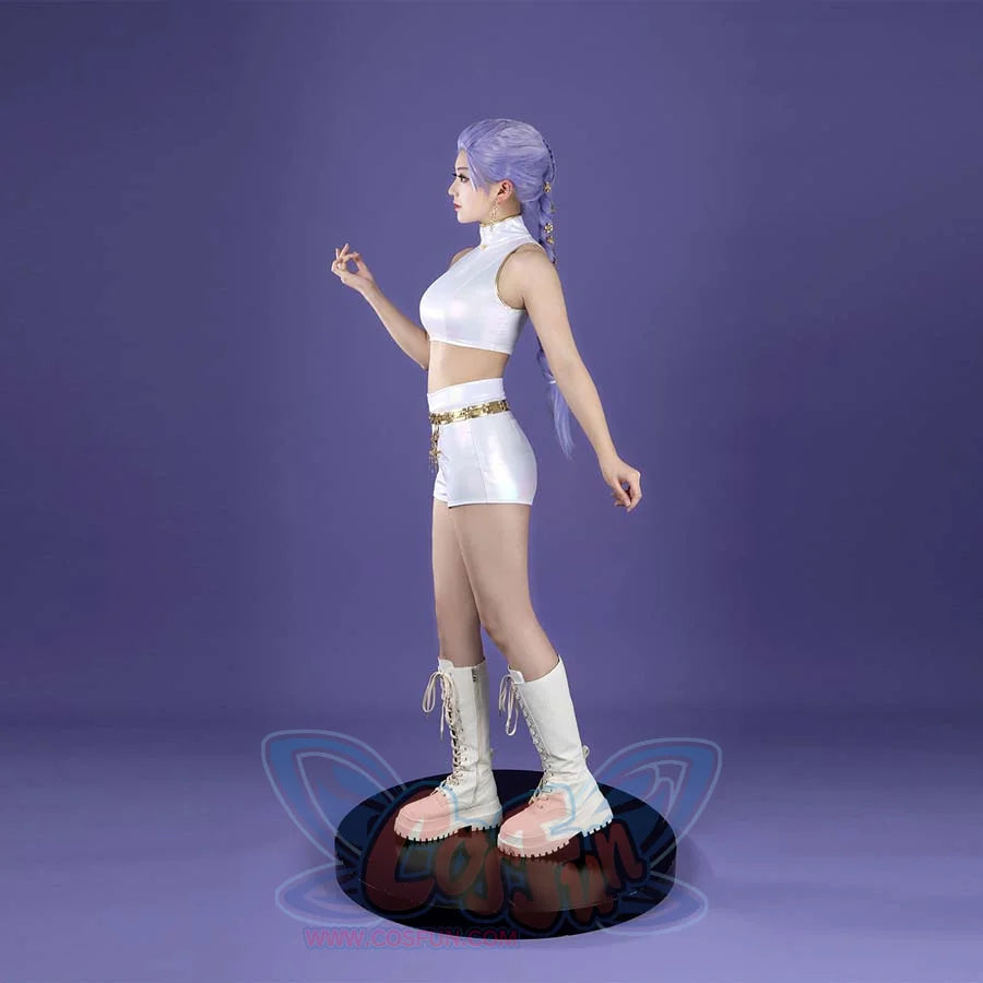 The profile highlights the form - fitting white sleeveless high - neck top and shorts of the Rumi cosplay. The gold belt with chains and white lace - up boots enhance the modern, stylish aesthetic.