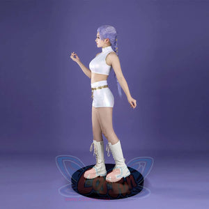 The profile highlights the form - fitting white sleeveless high - neck top and shorts of the Rumi cosplay. The gold belt with chains and white lace - up boots enhance the modern, stylish aesthetic.