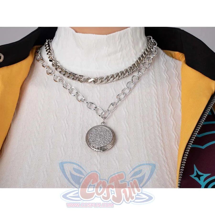 Close - up of layered silver chains with an ornate pendant, part of Rumi’s cosplay costume, worn over a white top.