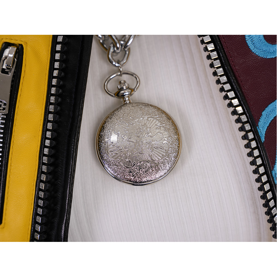 Rumi cosplay costume, silver metallic necklace with embossed design.