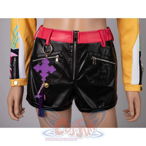 Close - up of the front of Rumi’s black cosplay shorts with a red waistband, showcasing a purple tassel accessory and zippers.