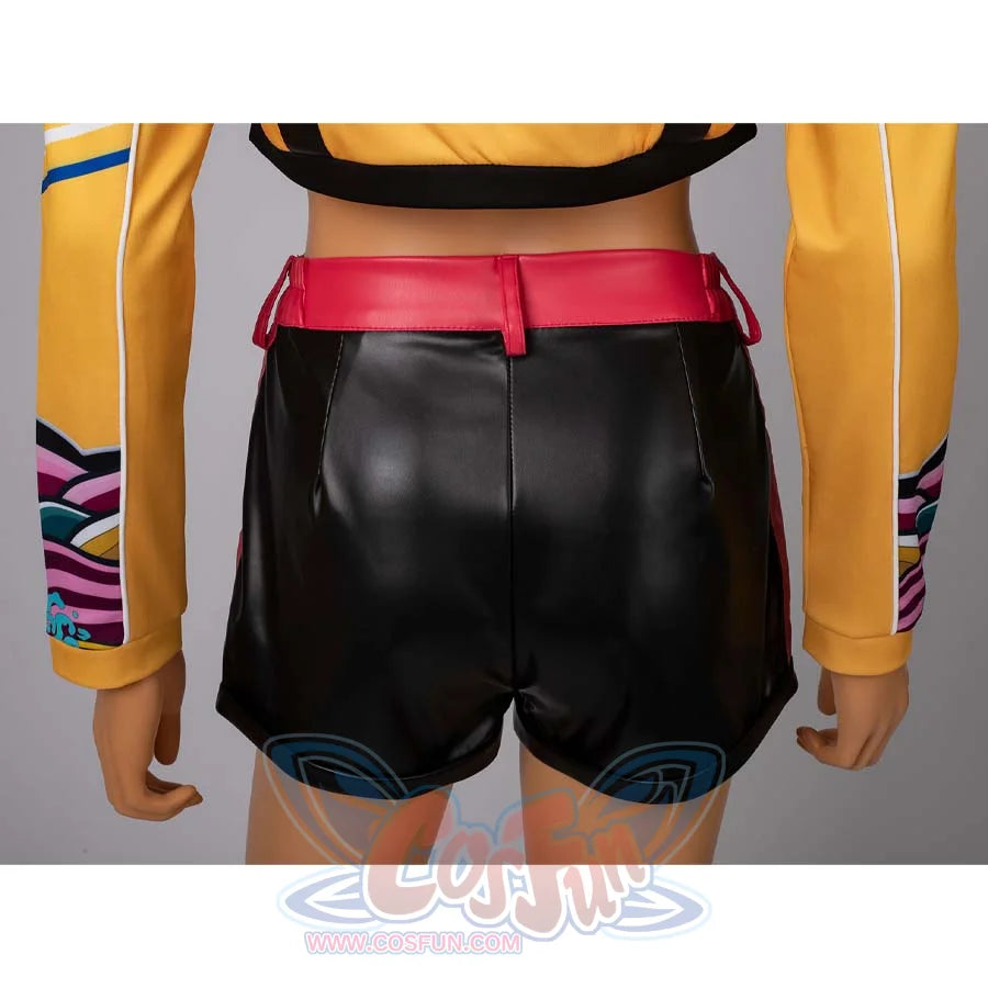 Back view of Rumi’s black cosplay shorts with a red waistband, showcasing the sleek design.