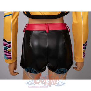 Back view of Rumi’s black cosplay shorts with a red waistband, showcasing the sleek design.