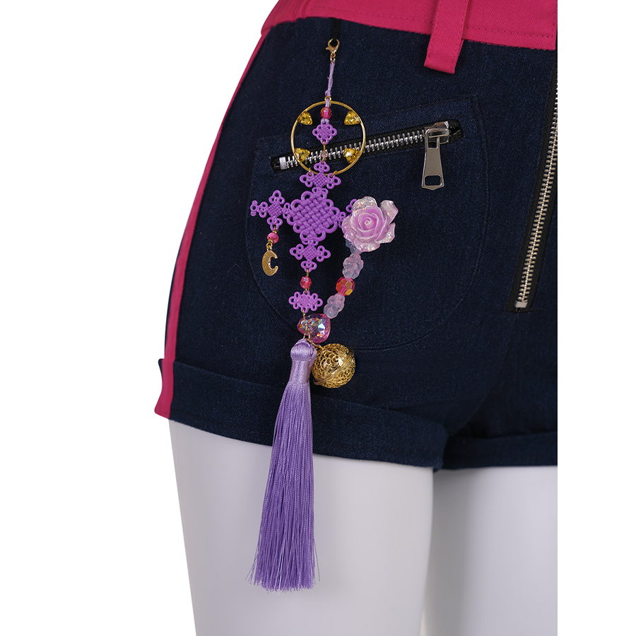 Rumi cosplay costume, a purple decorative charm hangs from the shorts.