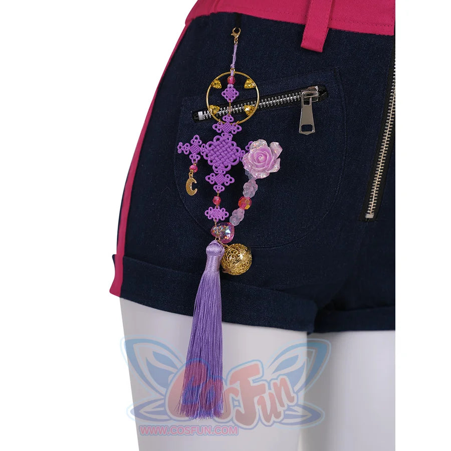 Rumi cosplay costume, a purple decorative charm hangs from the shorts.