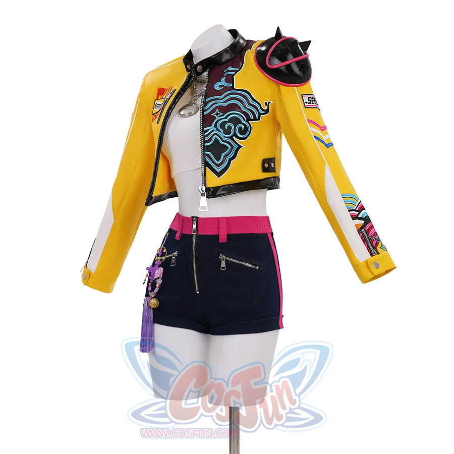 Rumi Cosplay Costume, yellow and black outfit with purple pendant, right side view.