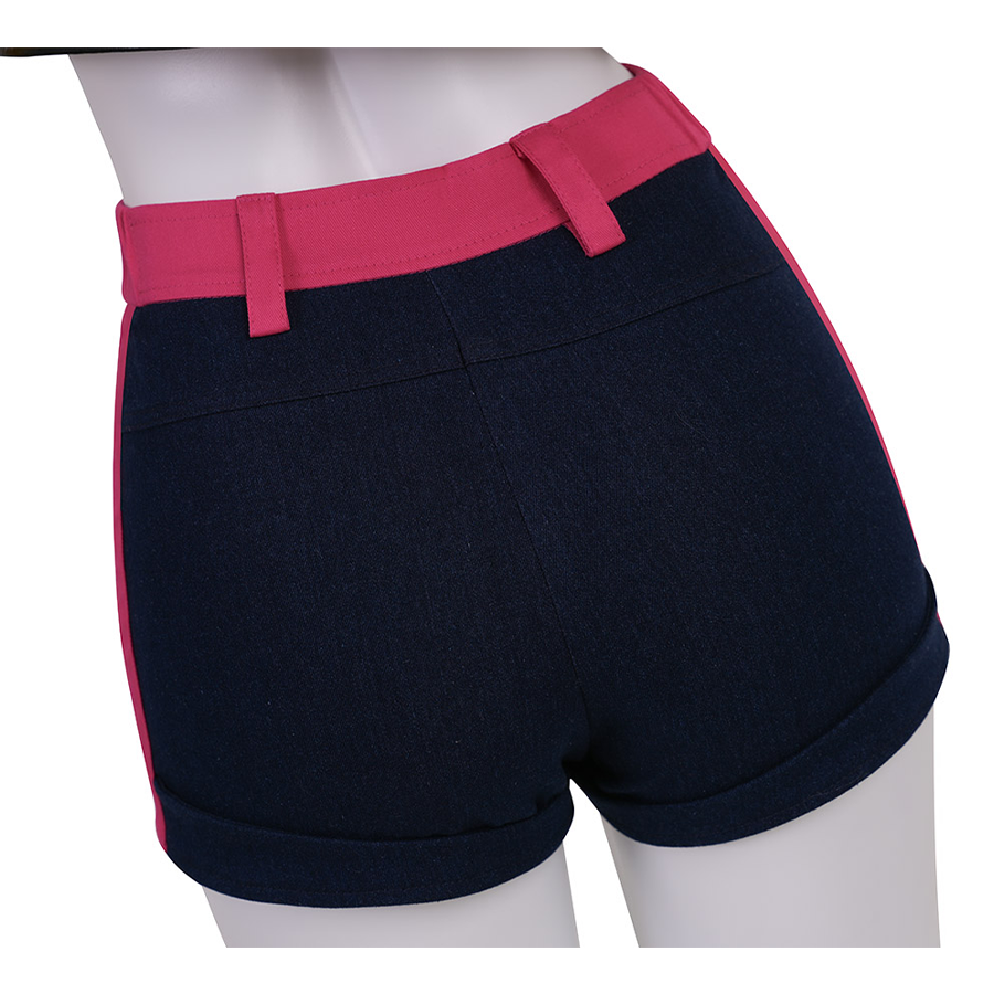 Rumi cosplay costume, the shorts are dark navy blue, paired with a rose red waistband.