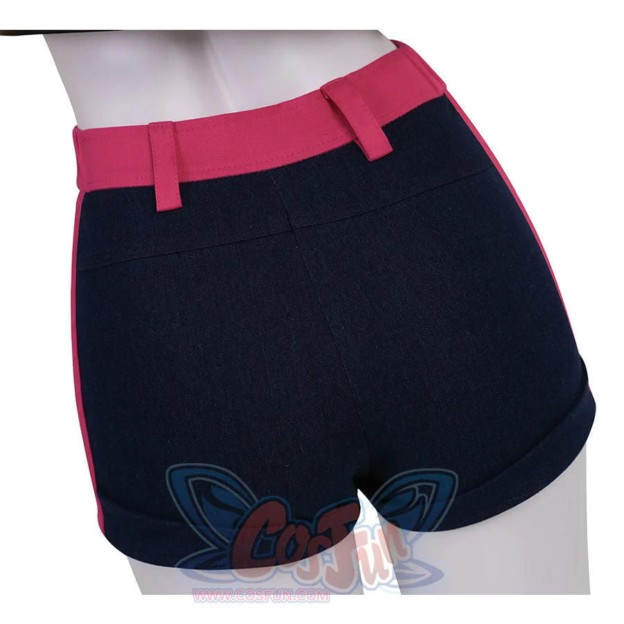 Rumi cosplay costume, the shorts are dark navy blue, paired with a rose red waistband.