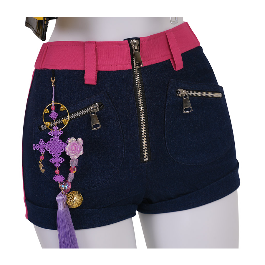 Rumi cosplay costume, rose red waist, they have front zipper and two pockets zipper on the shorts.