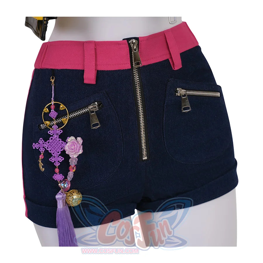 Rumi cosplay costume, rose red waist, they have front zipper and two pockets zipper on the shorts.