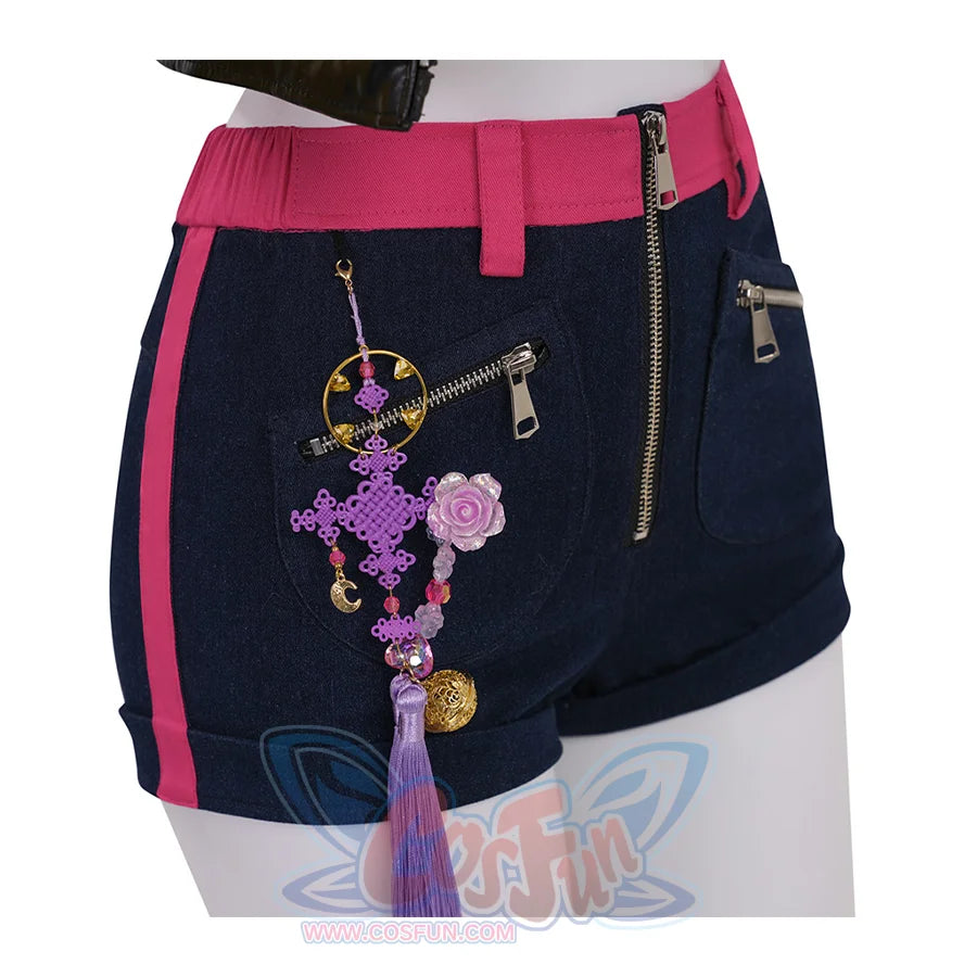 Rumi cosplay costume, rose red stripes on both sides, a decorative charm hangs from the shorts.