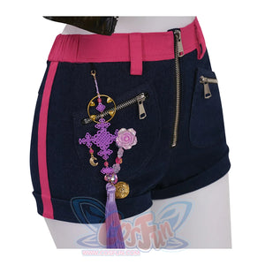 Rumi cosplay costume, rose red stripes on both sides, a decorative charm hangs from the shorts.
