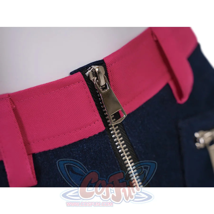 Rumi cosplay costume, rose red waist, they have front zipper decorations on the shorts.