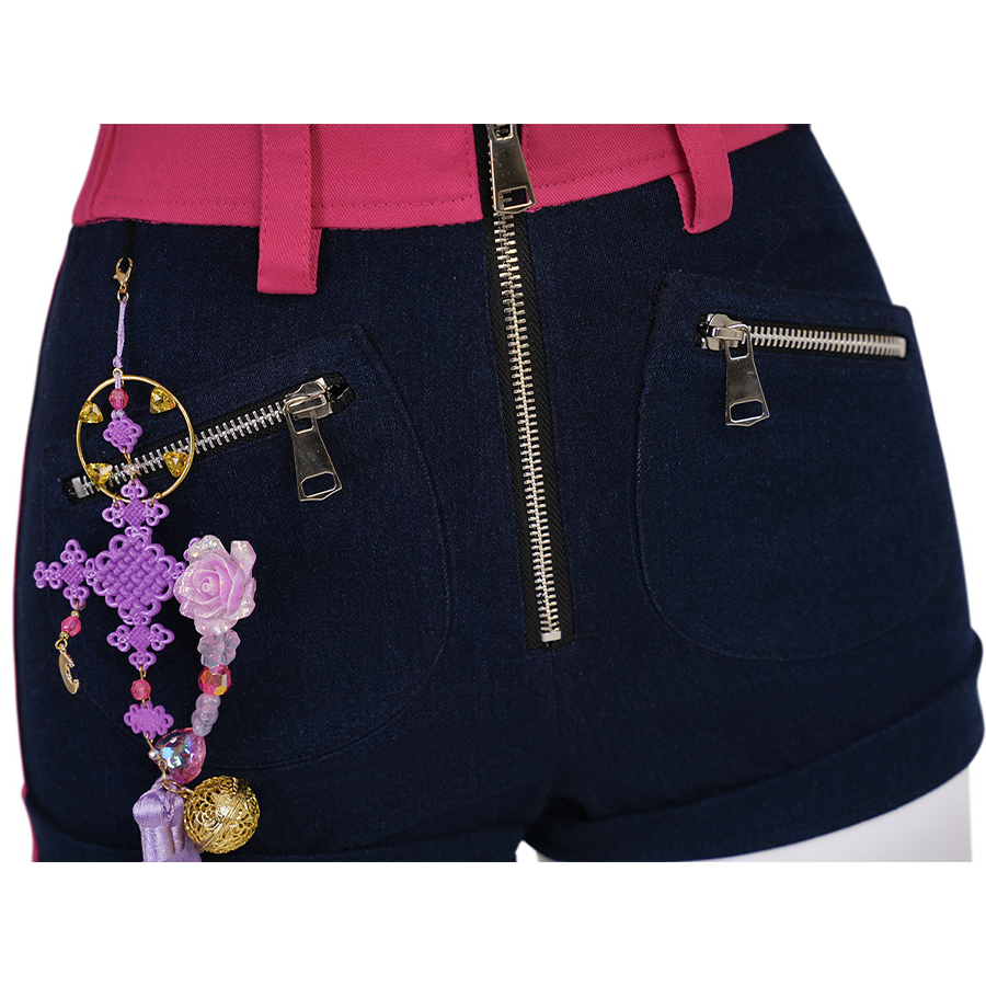 Rumi cosplay costume, rose red waist, they have front zipper and two pockets zipper on the shorts.
