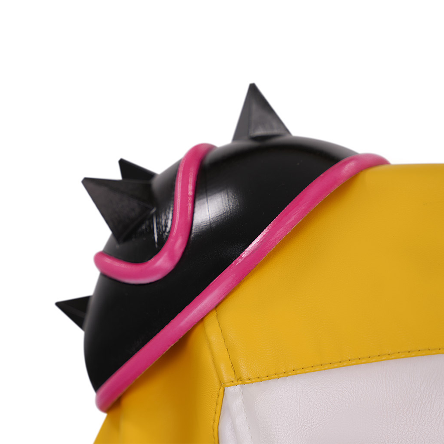 Rumi cosplay costume, black spiked shoulder armor with a pink accent, adding a bold and edgy touch.