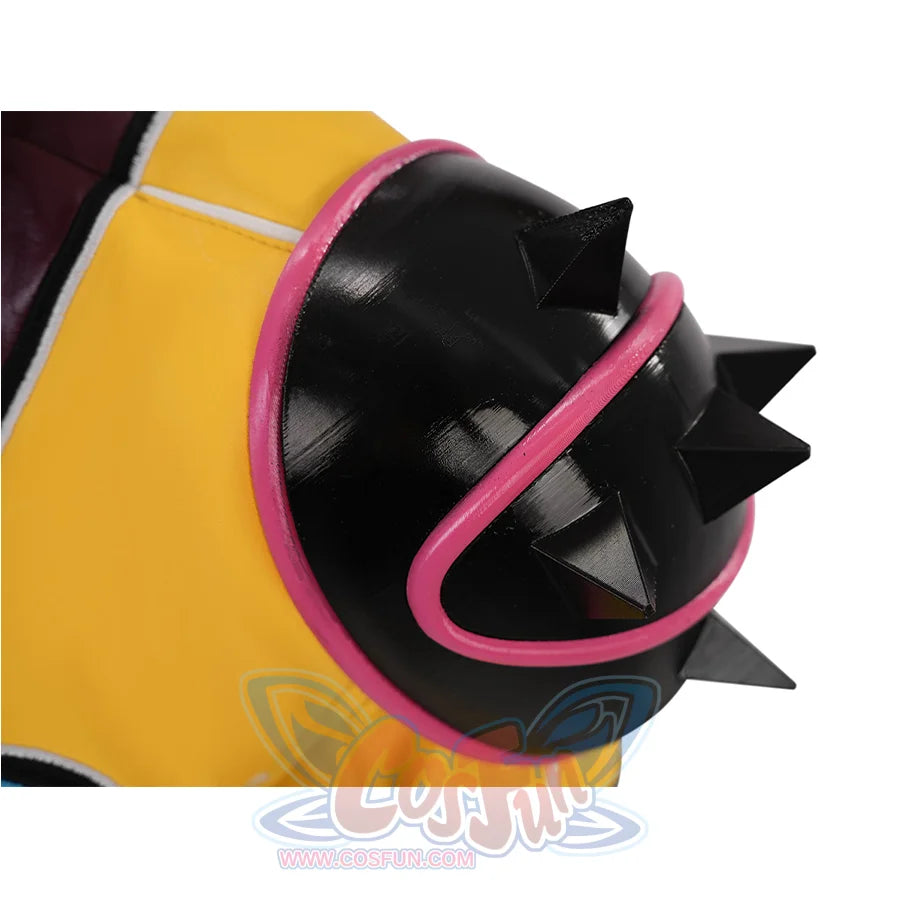 Rumi cosplay costume, black spiked shoulder armor with a pink accent.