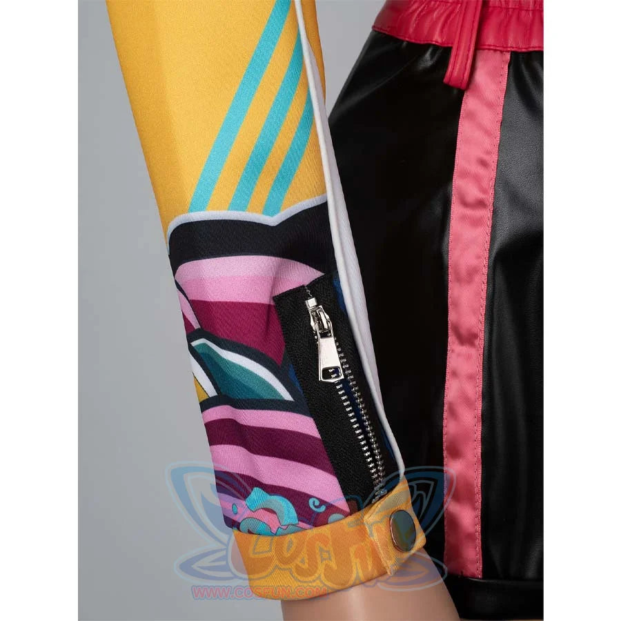 Close - up of the colorful, patterned sleeve with a zipper on Rumi’s yellow cosplay jacket, paired with black shorts.