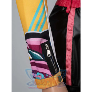 Close - up of the colorful, patterned sleeve with a zipper on Rumi’s yellow cosplay jacket, paired with black shorts.
