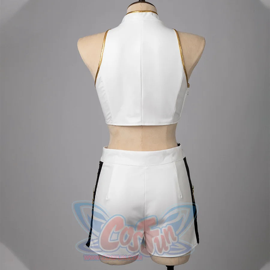 Rumi Cosplay Costume Two-piece set is all white with gold and black trims.