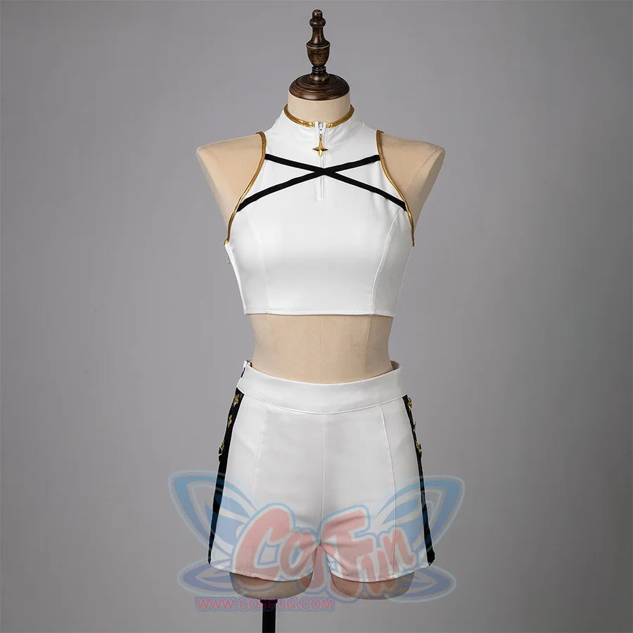 The top features gold decorative details, a high collar, a small zipper at the front and two black crisscross straps at the chest area, the pants have black stripes on both sides.