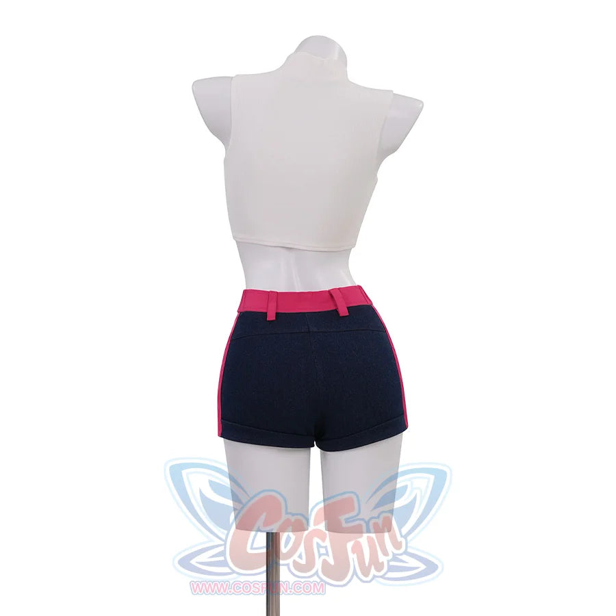 Rumi cosplay costume, white ribbed crop top with high neckline and sleeveless design, back view.