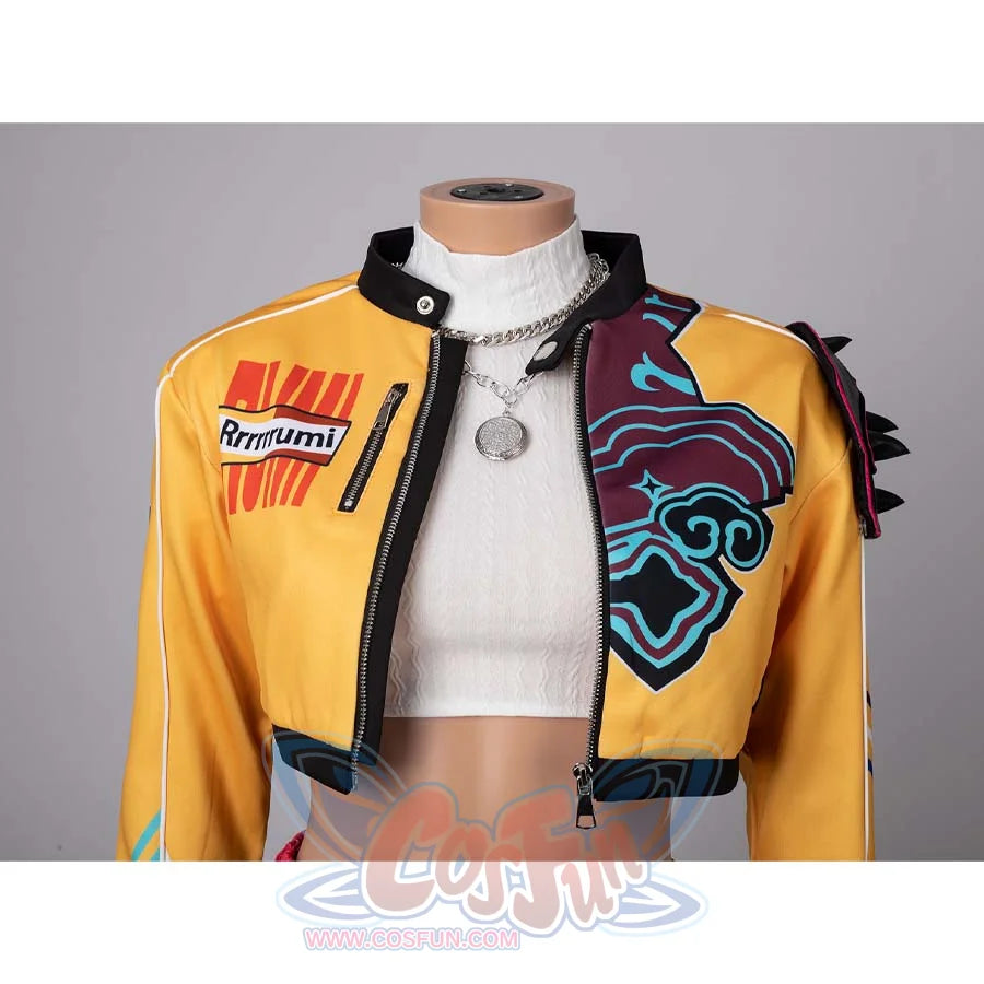 Detailed close - up of Rumi’s cosplay yellow jacket, white crop top, and necklace, highlighting prints and accessories.