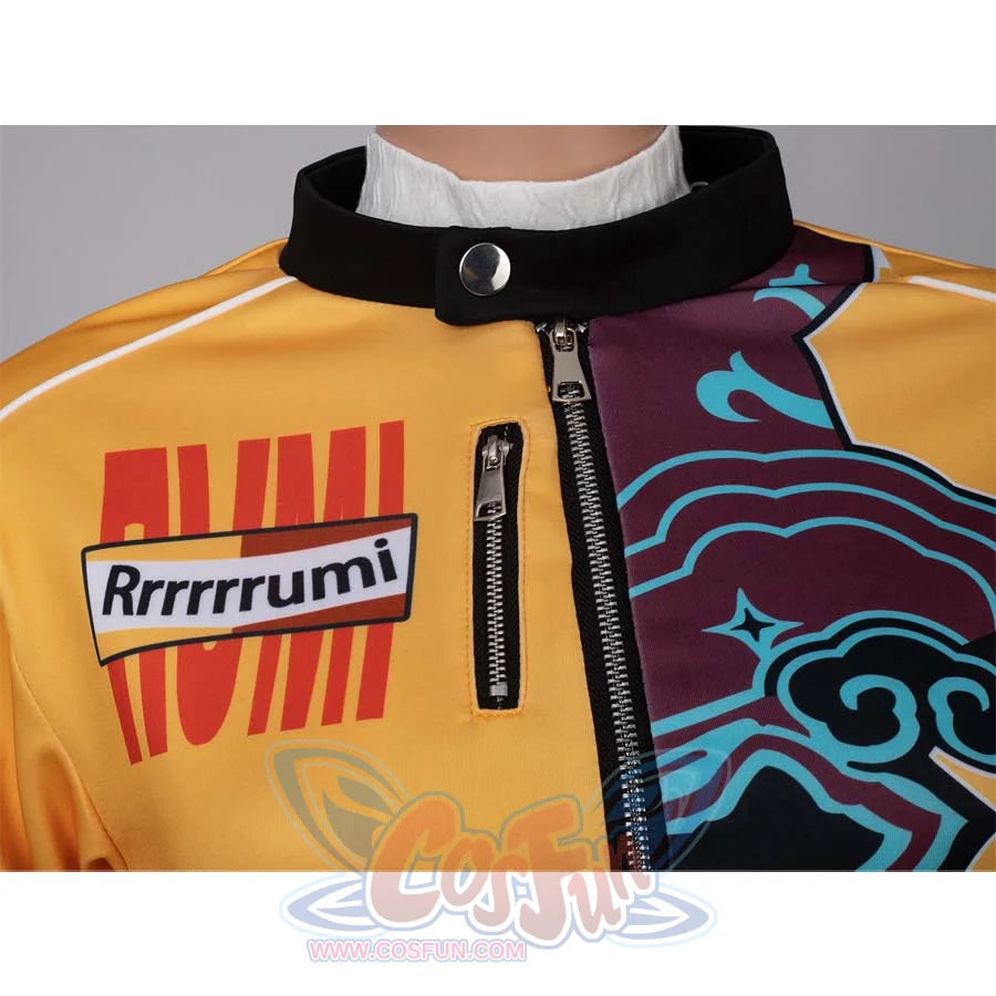Close - up of the yellow jacket’s front from Rumi’s cosplay, showcasing zippers, the “Rrrrrrrumi” logo, and colorful patterns.