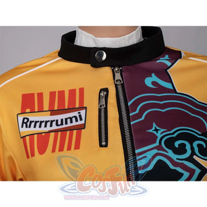 Close - up of the yellow jacket’s front from Rumi’s cosplay, showcasing zippers, the “Rrrrrrrumi” logo, and colorful patterns.