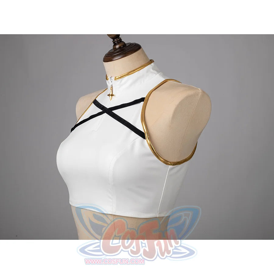 The top features gold decorative details, a high collar, a small zipper at the front and two black crisscross straps at the chest area.