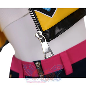 Rumi Cosplay Costume, features a silver metallic zipper pull, rich in texture.