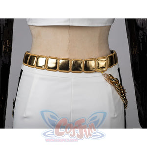 Features the multi-layered gold waist chains on shorts, showcasing bold and unique lower-body decor, gold belt with matching chain.