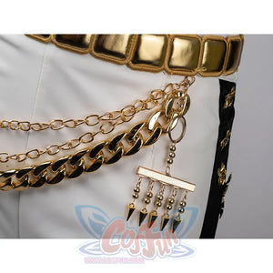 The exquisite gold chain decoration presents a bright luster. a small metal ornament is hung at the end of the chain.
