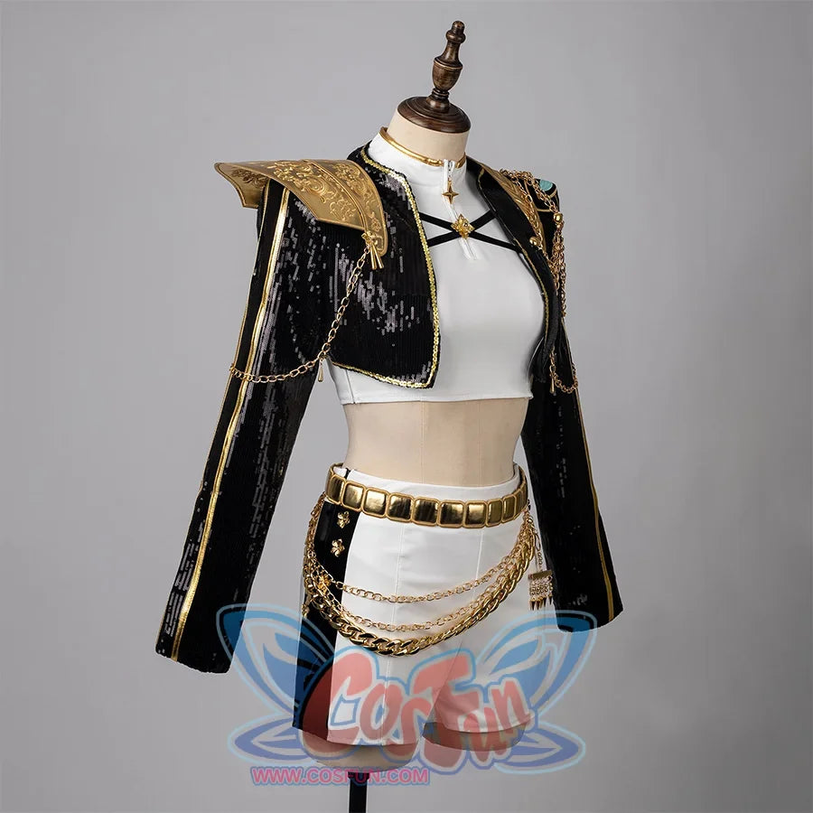 Rumi's cosplay set featuring a white cropped inner top, black sequin jacket with gold trims and decorative chains, and white shorts with wide gold belt and layered chains.