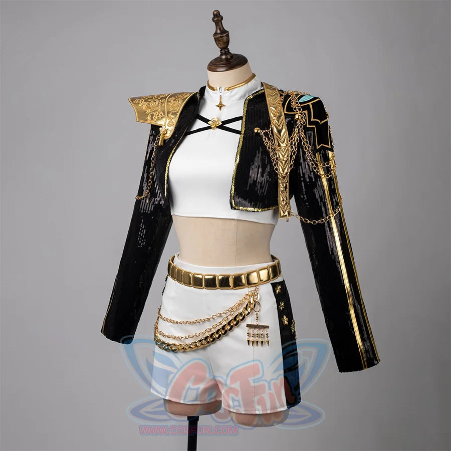 Rumi cosplay costume: The upper body is a black sequined short jacket with golden shoulder armor, embroidery and gold stripes on it, which has delicate patterns and chain, the top is white with a golden star zipper head.  white shorts with a gold belt, matched with chains decorations.