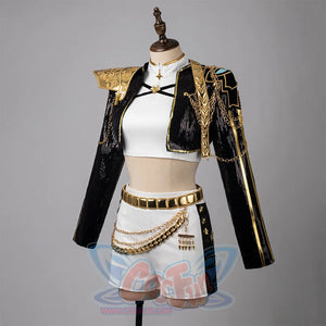Rumi cosplay costume: The upper body is a black sequined short jacket with golden shoulder armor, embroidery and gold stripes on it, which has delicate patterns and chain, the top is white with a golden star zipper head.  white shorts with a gold belt, matched with chains decorations.