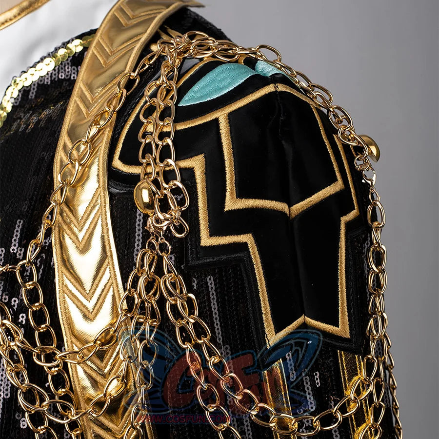 Displays the gold-embroidered patterns and turquoise accents on RUMI’s jacket shoulder, emphasizing detailed craftsmanship.