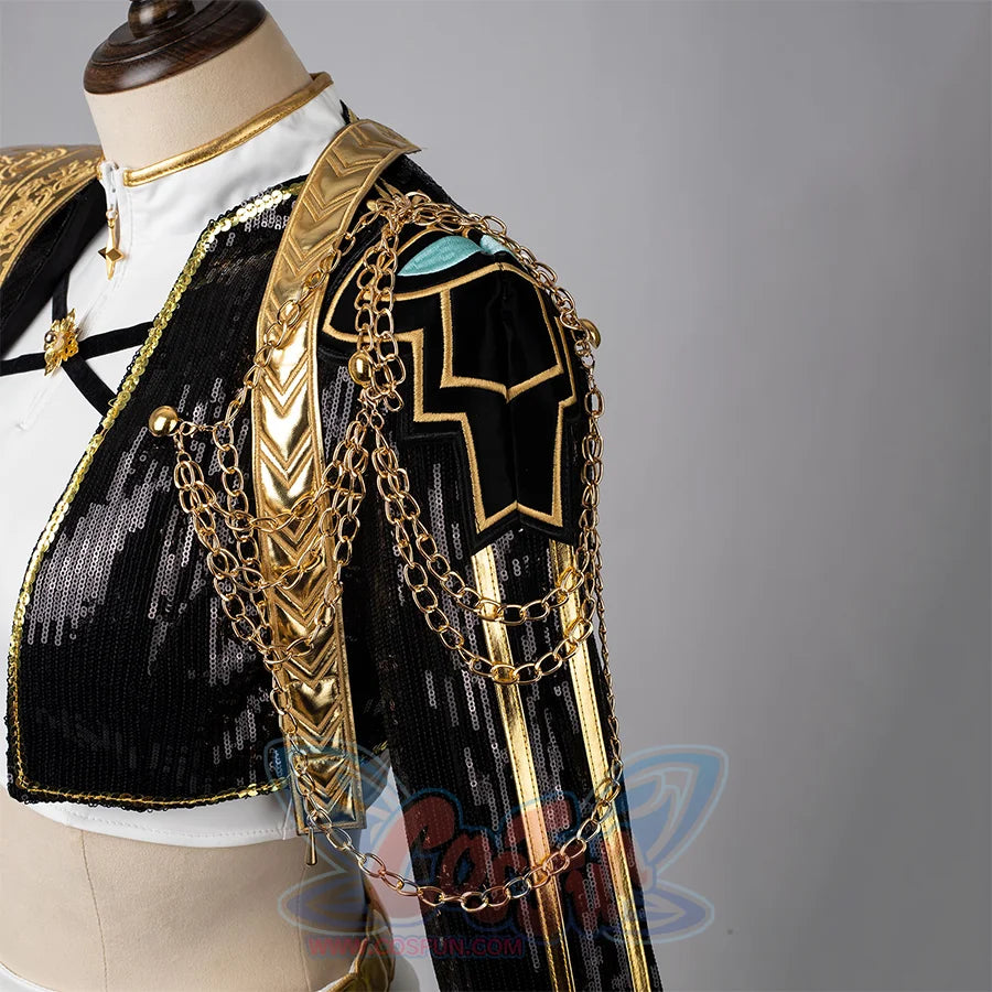 Shows the gold chains and sequin details on RUMI’s jacket shoulder, emphasizing the decorative and shimmering design.