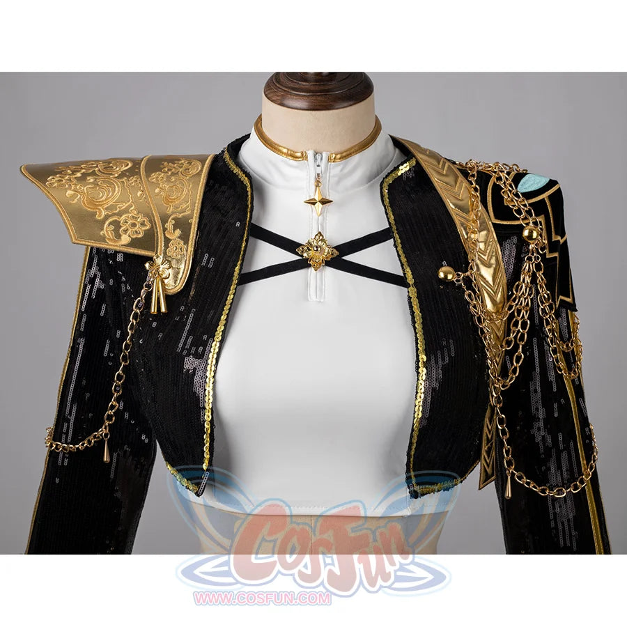 Focuses on the gold-star zipper pull and flower-shaped brooch on RUMI’s white top, highlighting intricate chest decor.