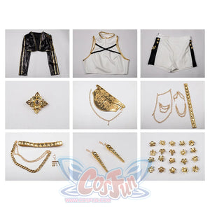 A black sequined jacket, a white top, and white shorts. Various gold accessories, including chest decorations, a gold belt, chains, and metal ornaments, as well as a pair of gold earrings and multiple gold flower hairpins.