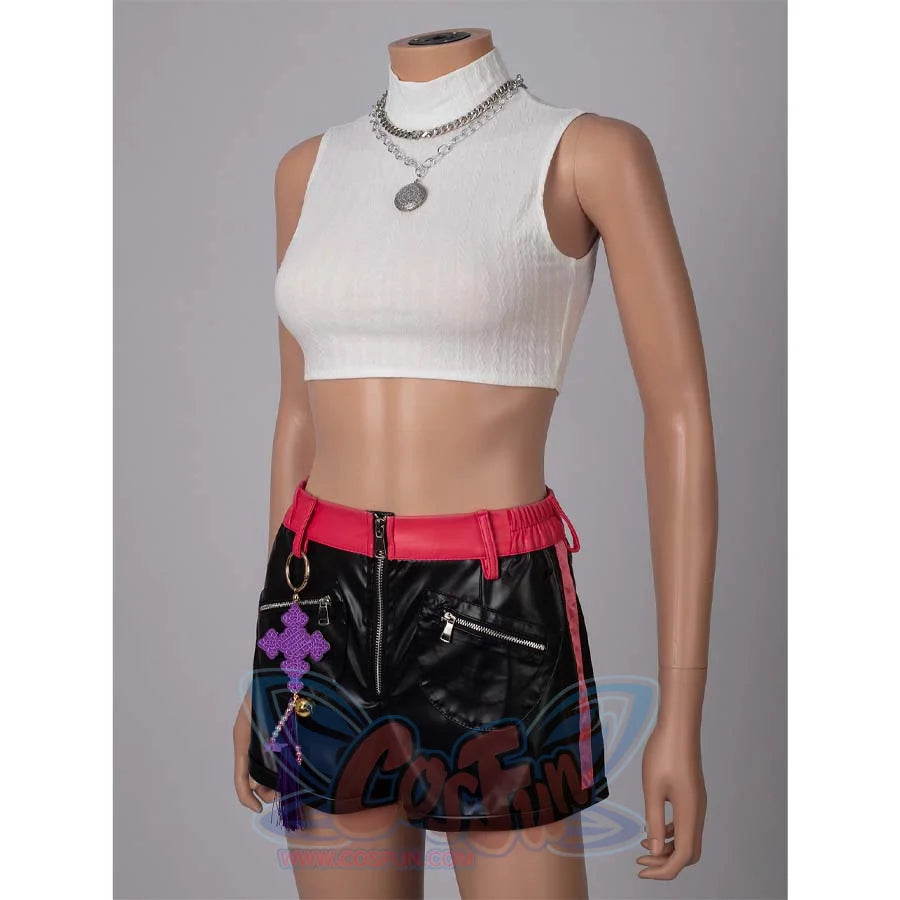 Mannequin wearing Rumi’s cosplay white crop top and black shorts with red accents, highlighting necklace details.