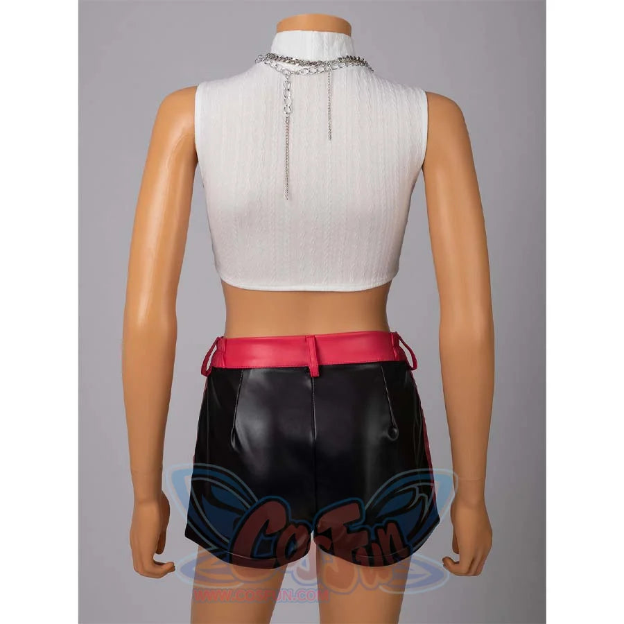 Back view of Rumi’s cosplay white crop top and black shorts with red accents, showcasing chain details on the top.