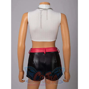 Back view of Rumi’s cosplay white crop top and black shorts with red accents, showcasing chain details on the top.