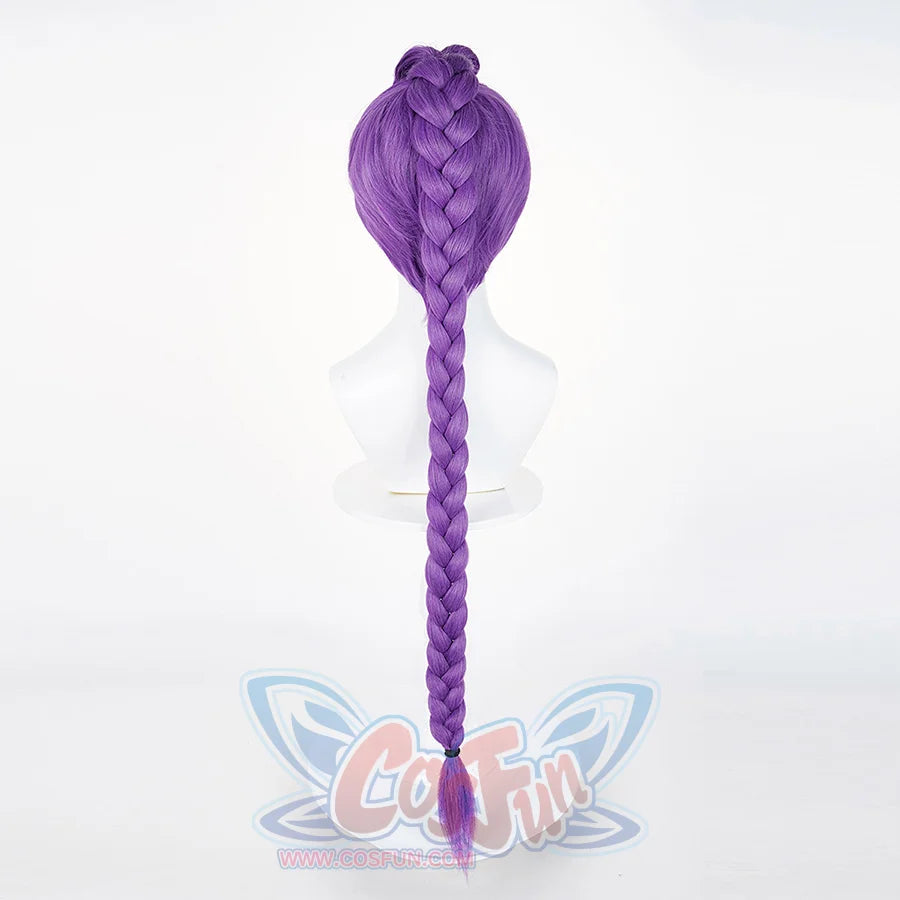 The back view of a purple cosplay wig with a long braid, shown on a mannequin head.