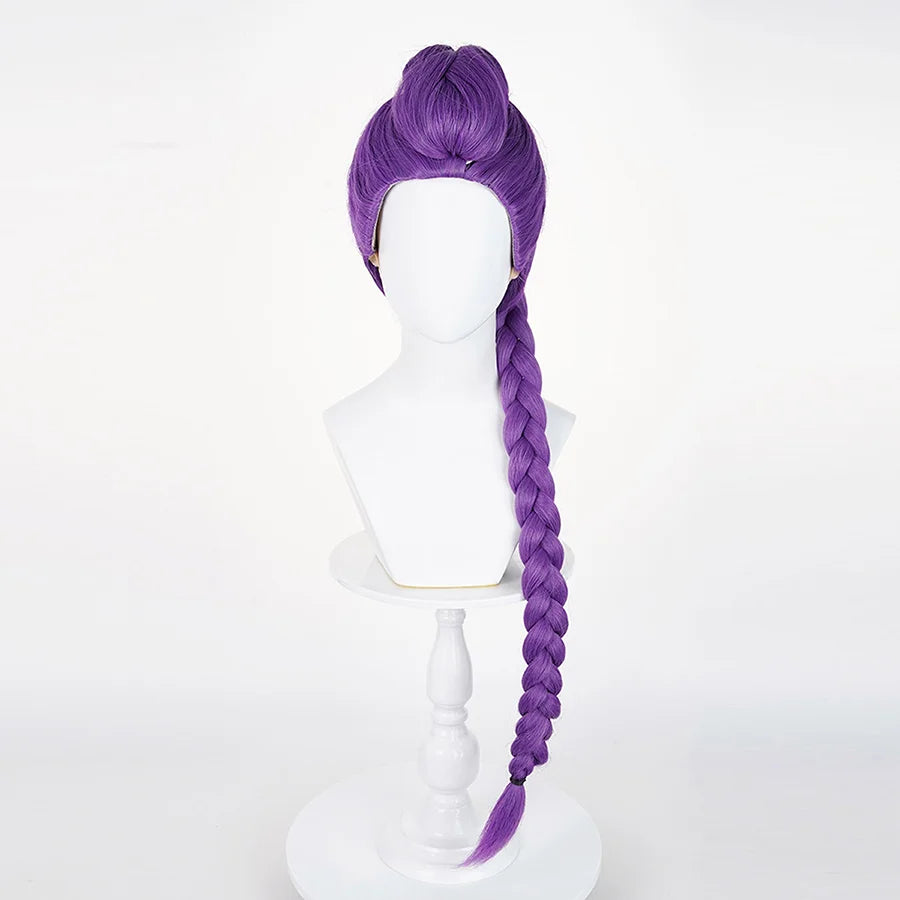 A purple cosplay wig with a long braid, presented on a mannequin head from a front-side angle