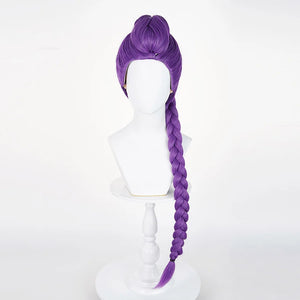A purple cosplay wig with a long braid, presented on a mannequin head from a front-side angle