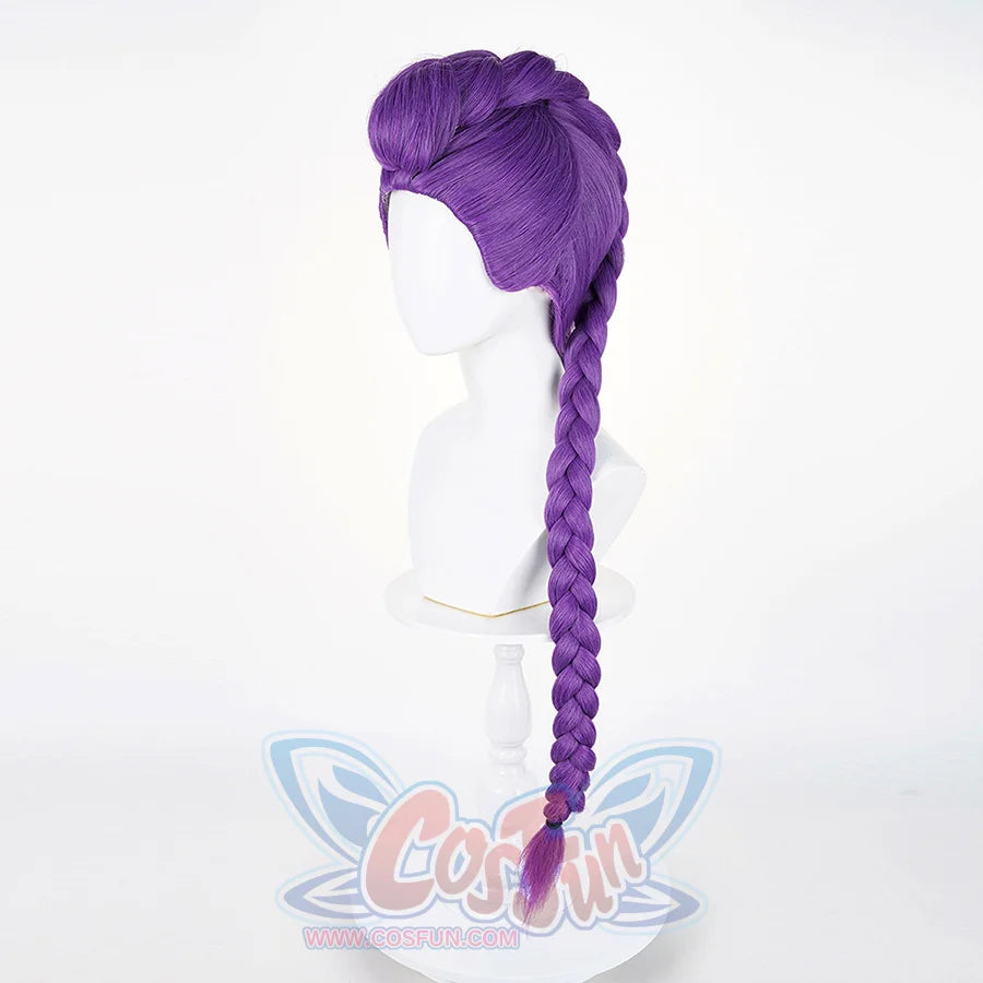 A purple cosplay wig with a long braid, presented on a mannequin head from a front-side angle