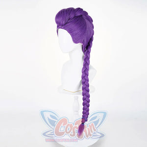 A purple cosplay wig featuring a long, thick braid, displayed on a mannequin head from the side.