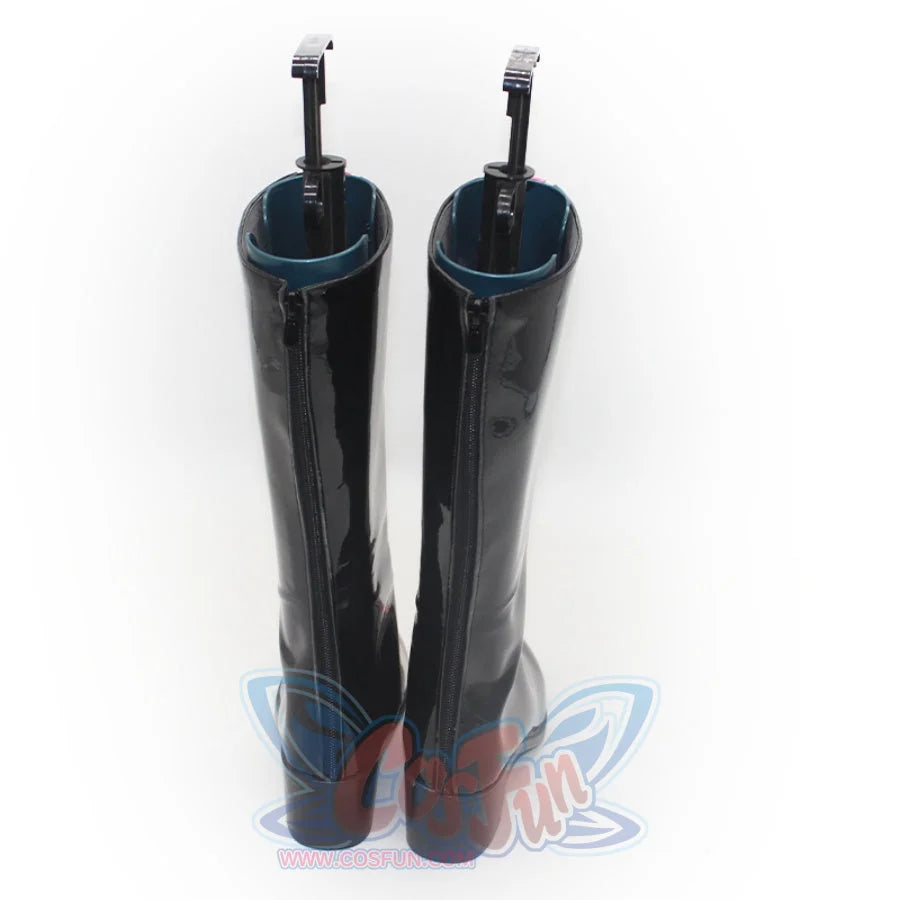 A pair of glossy black mid-calf cosplay boots with zippers at the back, displayed on stands against a white background.